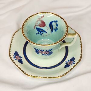 Adams Calyx Ware 4oz Octagonal Cup & Saucer Light Blue Floral Gold England